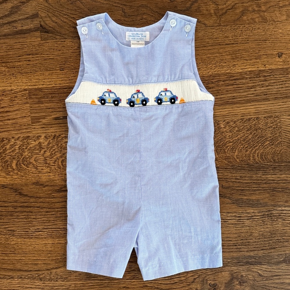 Collection Bebe Vive La Fete Blue Gingham Romper Smocked Embroidered Police Cars